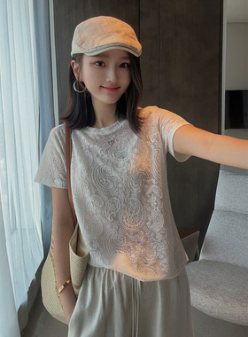 MISS RUILI定制 新款韩系法式白色蕾丝短袖提花别致减龄T恤F1971