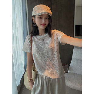 MISS RUILI定制 新款韩系法式白色蕾丝短袖提花别致减龄T恤F1971