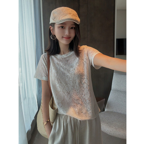 MISS RUILI定制 新款韩系法式白色蕾丝短袖提花别致减龄T恤F1971