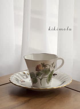 ⭐英国中古vintage野草莓咖啡杯红茶青花手绘釉下彩骨瓷日式美式