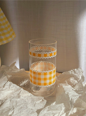 日韩ins网红同款法式黄色格子纹昭和复古印花玻璃杯早餐杯果汁杯