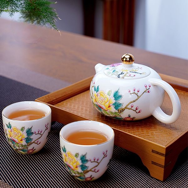 古风珐琅牡丹陶瓷茶壶家用轻奢高颜值喝茶功夫泡茶壶一壶两杯套装,餐饮具,茶壶,淘宝优惠券,粉丝福利购,淘宝优惠卷