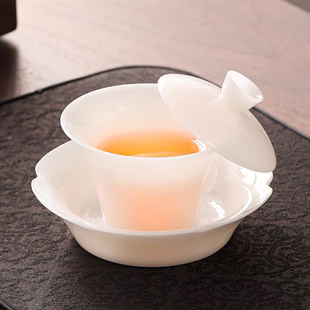 冰种璞玉瓷悬停盖碗加两个杯子送礼佳品