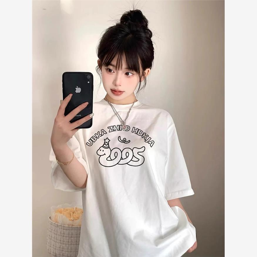 夏季白色印花短袖T恤女2025夏季新款纯棉厚实半袖打底衫体恤上衣