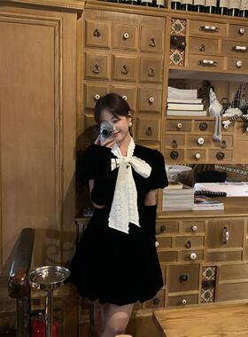 诠释美 NEWOPEN 宫廷风法式公主花苞小黑裙蝴蝶结丝绒连衣裙85219