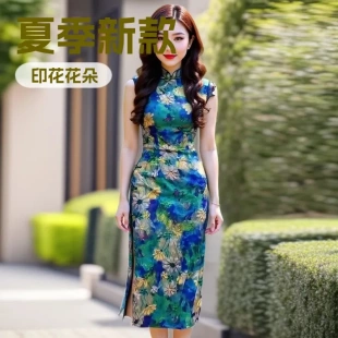 改良旗袍连衣裙女夏季新款印花修身显瘦长裙气质开叉花朵时尚年轻