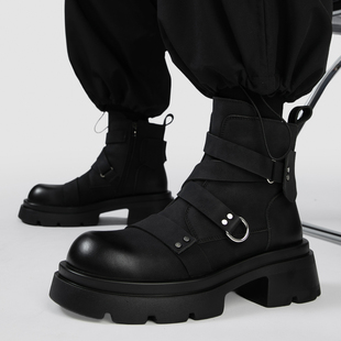 靴真皮圆头厚底 男靴增高黑色百搭潮流工装 高帮马丁靴男士 2025新款