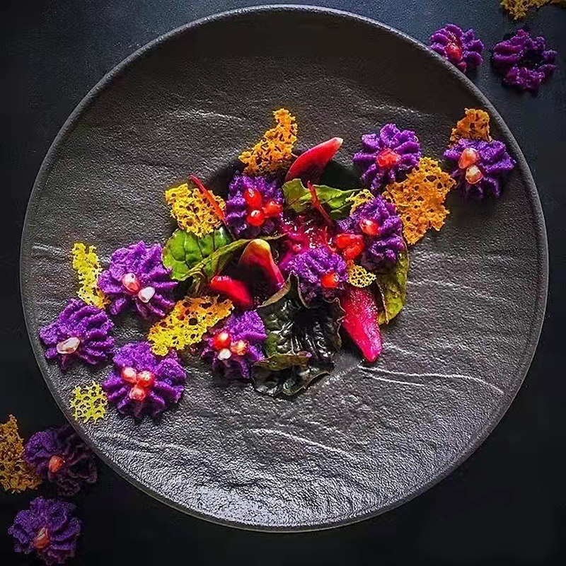 西餐厅创意冷菜点心意面盘子哑光黑色石纹草帽盘个性摆盘陶瓷餐具