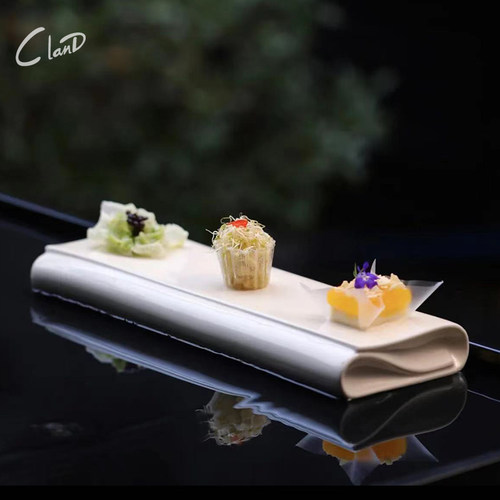 纯白色折叠长条盘冷菜点心盘分子料理创意菜盘平盘西餐厅摆盘餐具