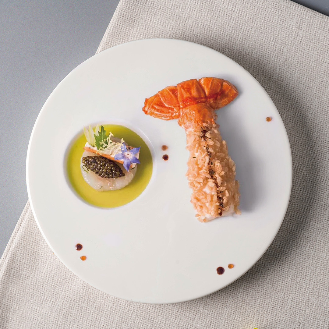 餐厅创意骨质瓷圆形西餐盘鳌虾两吃盘进口法餐分子料理摆盘菜盘子