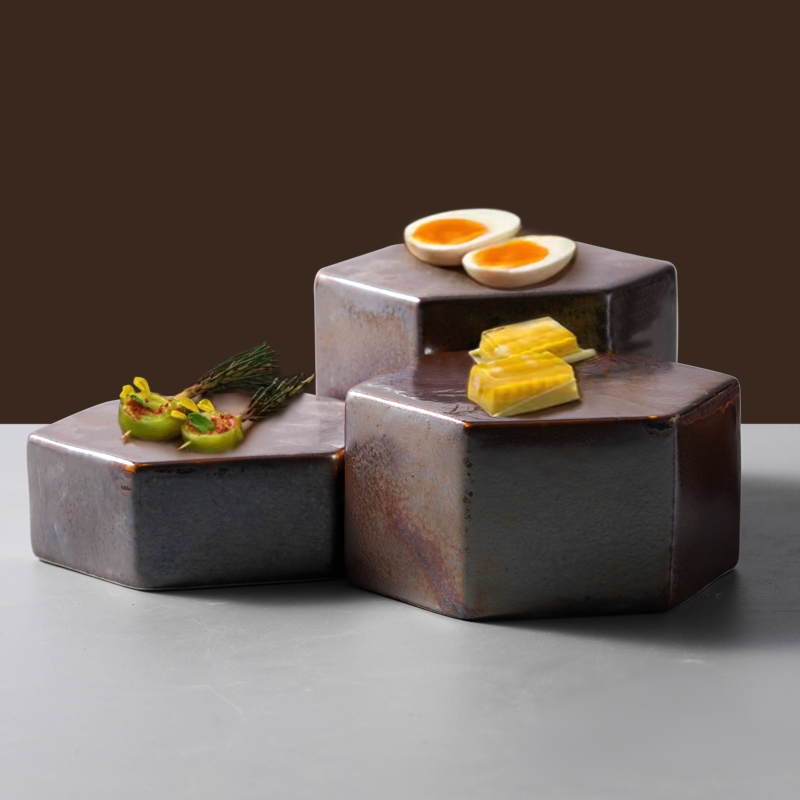 酒店创意复古陶瓷餐具个性餐厅位上西餐高低点心组合铁锈色点心盘