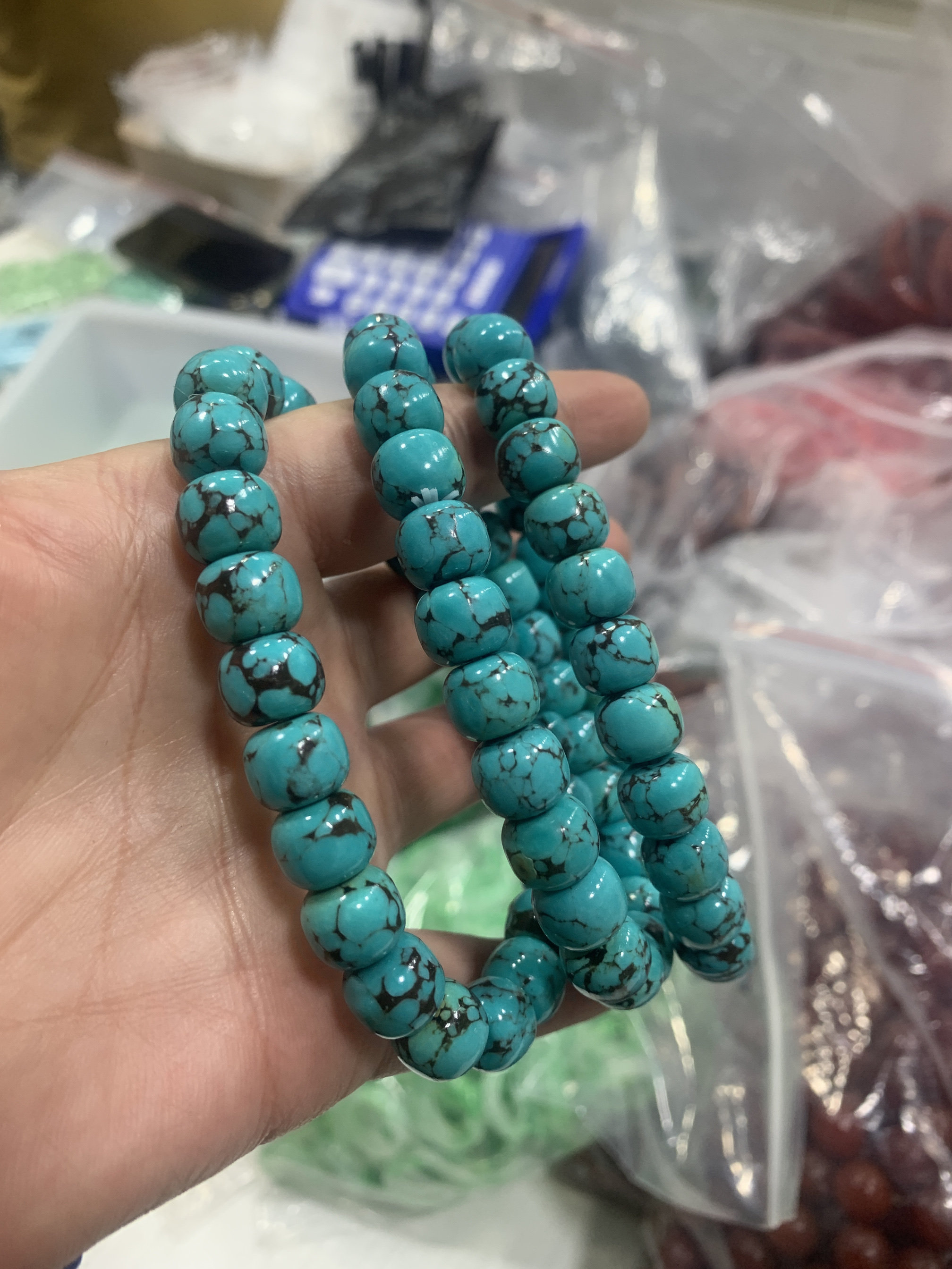 清仓，清仓天然原矿绿松石手链高瓷蓝色网花铁线老形桶珠手串