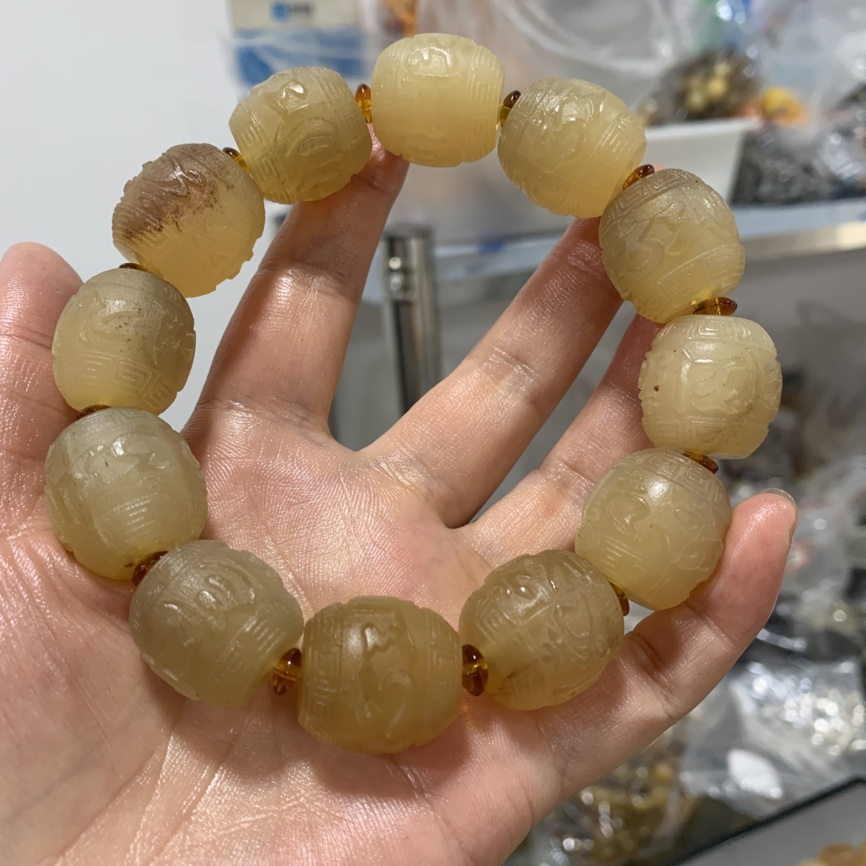 羊角雕刻六字真言单圈手链手工diy配件材料编绳项链挂件手链串珠