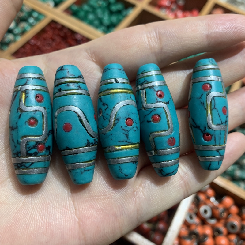 藏传老料器纯铜镶嵌老式天珠文玩佛珠吊坠侧挂隔珠异域风格配饰