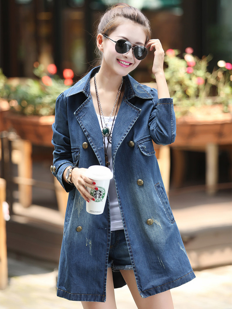 收腰中长款牛仔外套风衣女
