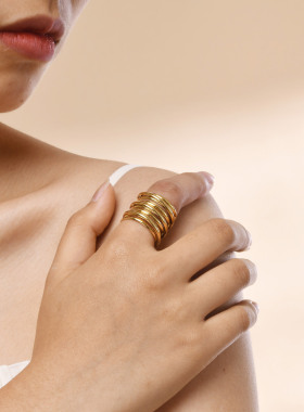 欧美时尚新款法式朋克风小众宽款个性夸张钛钢戒指镀金指环女中指