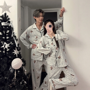 韩系可爱斑点狗狗情侣装家居服一男一女秋冬款德绒长袖保暖睡衣女