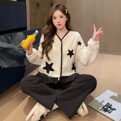 半边绒睡衣女秋冬季新款加厚套装