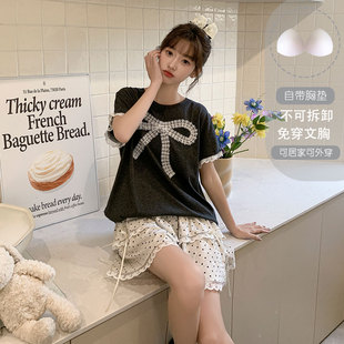 莫代尔花边网红风甜美蝴蝶结家居服 带胸垫睡衣女夏季 薄款 短袖 套装