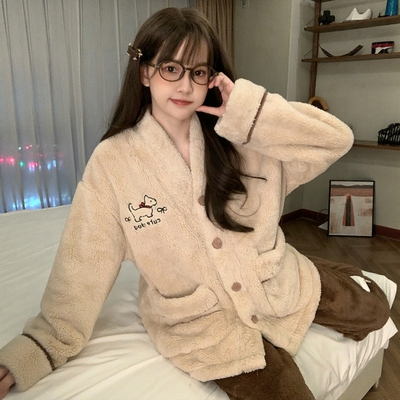 珊瑚绒睡衣女秋冬季加厚保暖套装