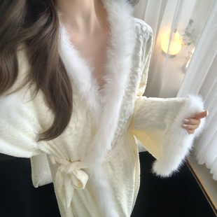 海岛绒秋冬款女士睡衣加厚加绒很仙的毛绒系带睡袍长裙性感家居服