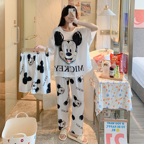 米奇短袖三件套卡通丝绸家居服女