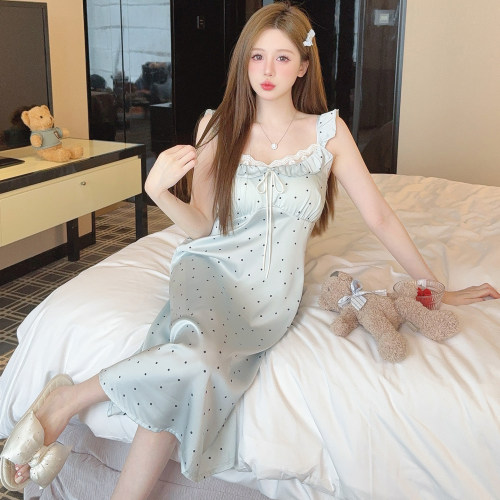 带胸垫冰丝睡裙女士夏季短袖甜美