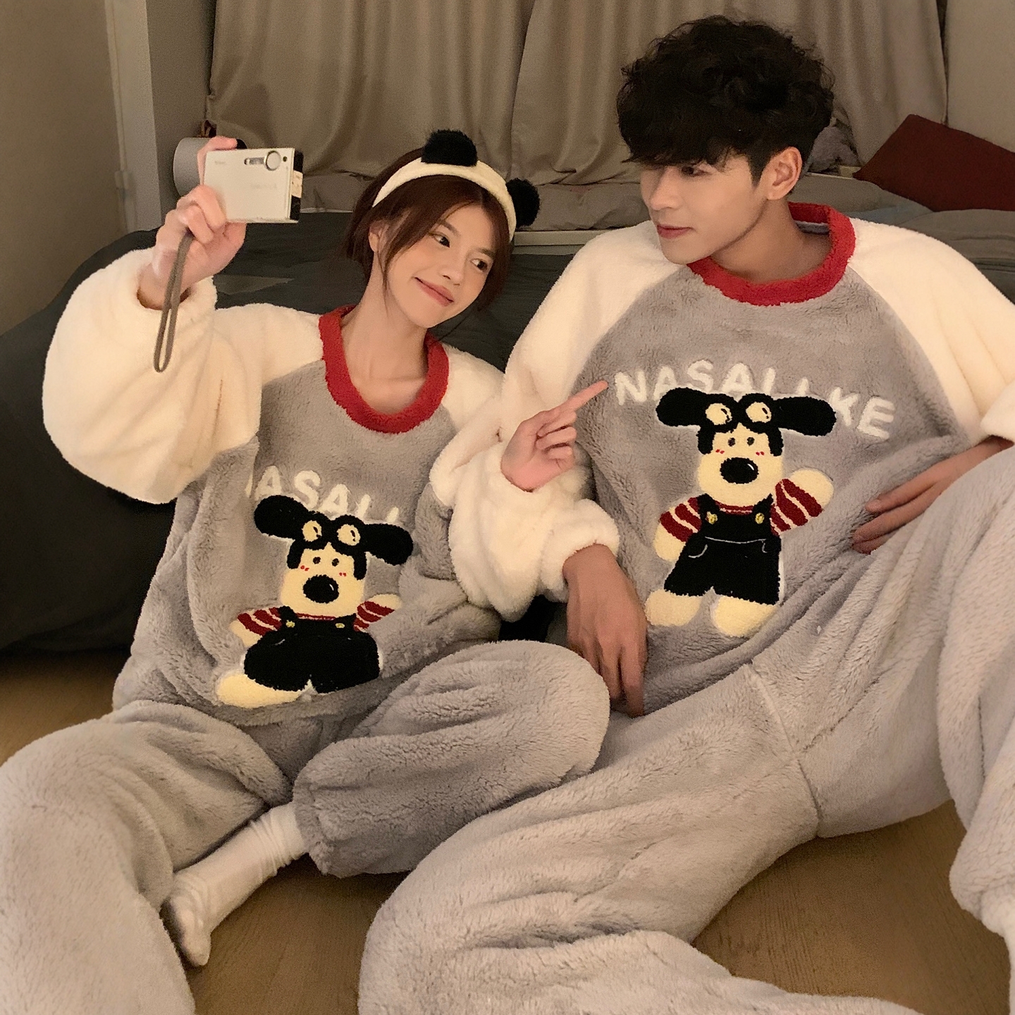 珊瑚绒情侣睡衣卡通大码套装加厚