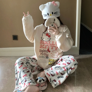 可爱凯蒂猫新款珊瑚绒睡衣女冬季加厚HelloKitty法兰绒家居服套装