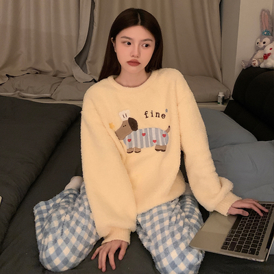 腊肠狗半边绒珊瑚绒家居服套装女