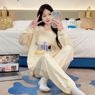 秋天可爱波点带胸垫睡衣女款圆领套头春秋长袖束脚长裤套装家居服