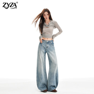 复古蓝遮胯低腰弯刀牛仔