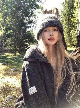Ceezzzi 霍比特剪影重工连帽灰色毛衣外套女宽松后背印花针织开衫