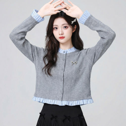 灰色假两件针织开衫女春