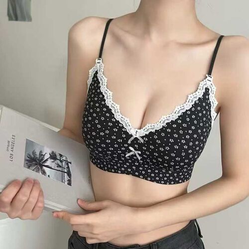 法式碎花深V裸感内衣女无钢圈软支撑透气吊带红色小背心外贸