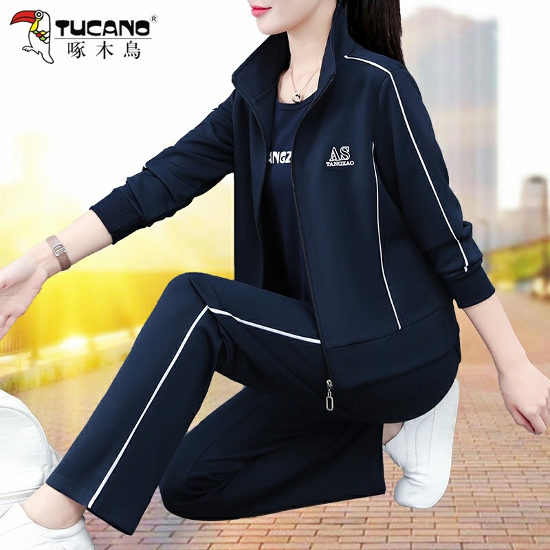 啄木鸟春秋开衫休闲中年妈妈直筒裤两件套跑步服女装时尚运动套装