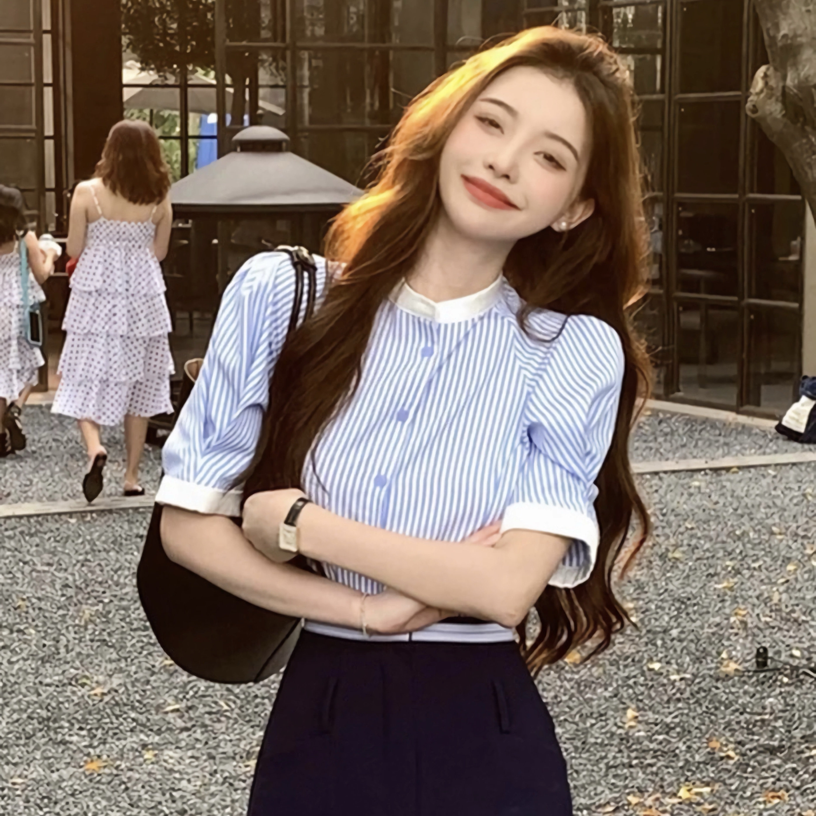 夏季蓝色条纹别致衬衫女法式OL立领衬衣韩系小众设计感泡泡袖上衣
