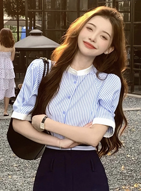 夏季蓝色条纹别致衬衫女法式OL立领衬衣韩系小众设计感泡泡袖上衣