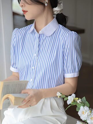 蓝色短袖竖条纹衬衫女夏季泡泡袖高级感时尚OL法式气质优雅复古