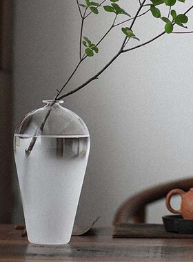 日式云雾禅意花瓶 玻璃透明花器水养插花家居客厅茶道摆件梅瓶