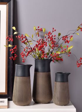 新中式简约现代黑色浮雕陶瓷花瓶花器家居软装饰品摆件三件套杜鹃