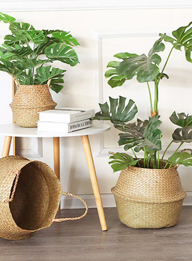 北欧海草编织花篮家居客厅琴叶花盆摆件花篮藤编手提草编花盆家居