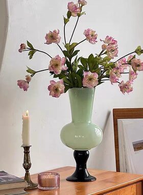 中古玻璃花瓶绿色高脚法式ins风花器插花水养氛围感装饰摆件送礼