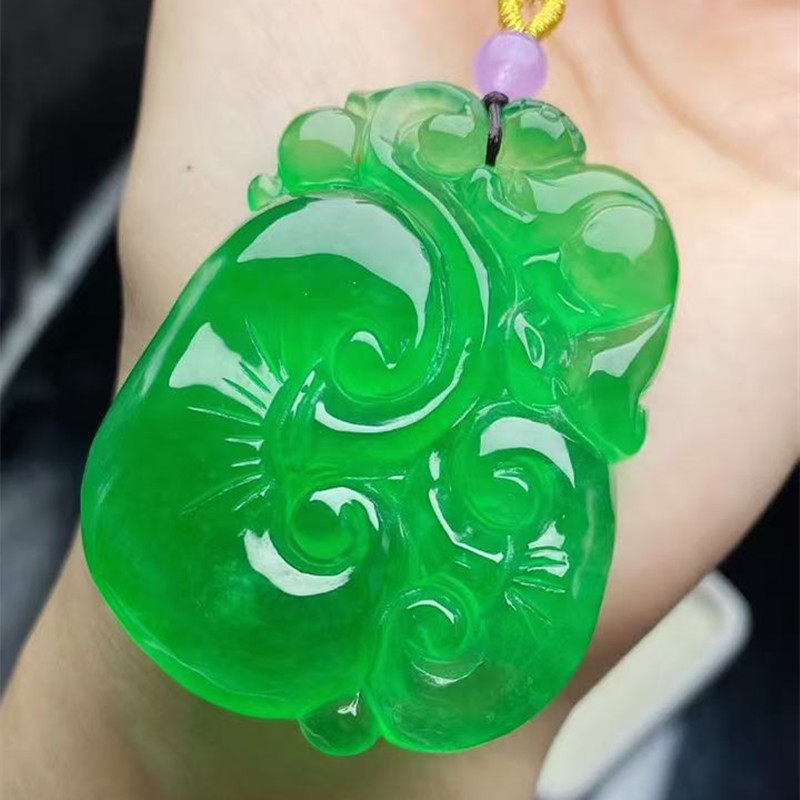 阳绿如意翡翠吊坠缅甸老坑冰种满色辣绿福寿如意玉石挂件