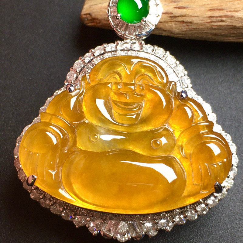 天然缅甸冰种翡翠佛公吊坠黄翡笑佛项链925银镶嵌弥勒佛送礼自带