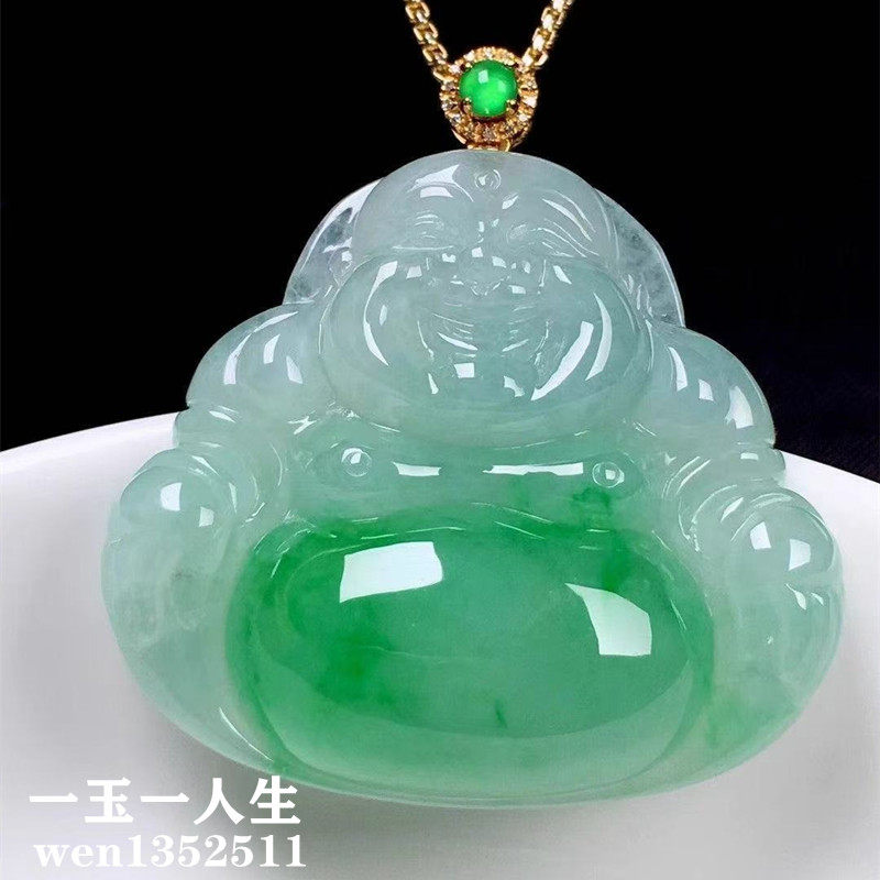 天然缅甸翡翠a货冰种飘绿花佛公吊坠女款阳绿弥勒佛笑佛玉石挂件