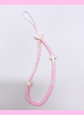 小红书超火日韩ins粉色十字架手机链短款串珠ccd相机链条手腕挂绳