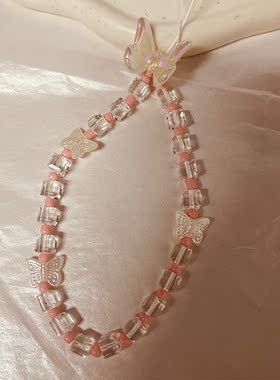 原创梦幻粉蝴蝶DIY串珠相机ccd链手机链手机壳挂件