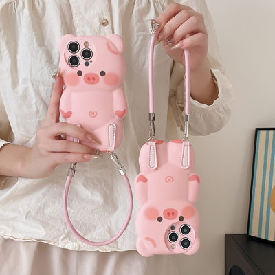 少女粉色小猪适用iphone15promax斜挎12挂绳11苹果13手机壳XR可爱xsmax防摔14promax保护壳可背链条潮女新款