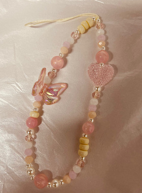 少女心粉色蝴蝶爱心ccd相机手绳diy手工串珠水晶挂绳手机壳挂件